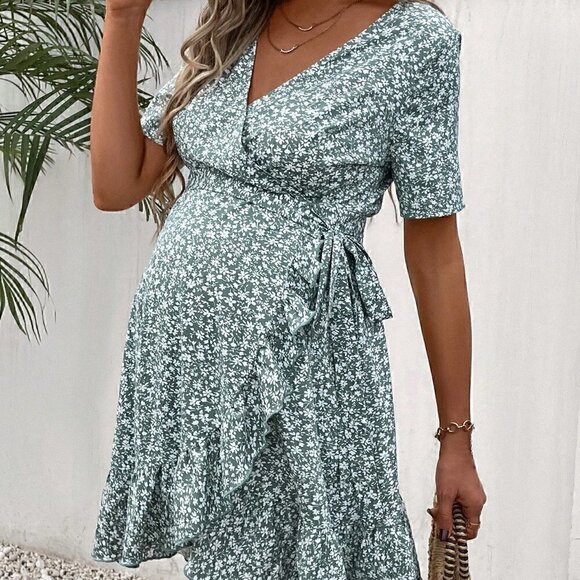 Blue Boho Womens Floral Print Knot Side Ruffle Trim Wrap Dress - Picture 3 of 5